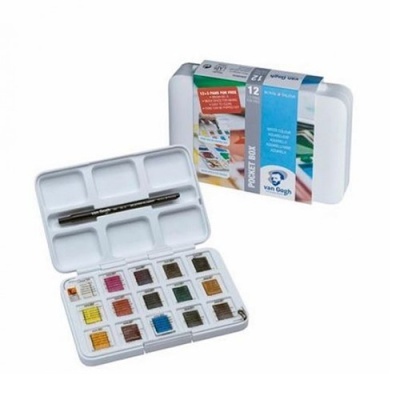 Estojo branco de aquarela com 12 cores em pastilha, pincel e embalagem ao fundo