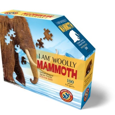 Caixa de puzzle I AM WOOLLY MAMMOTH com imagem de mamute e detalhes em castanho e azul