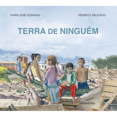 Capa de livro com crianças e cão em cenário urbano degradado, texto Terra de Ninguém.