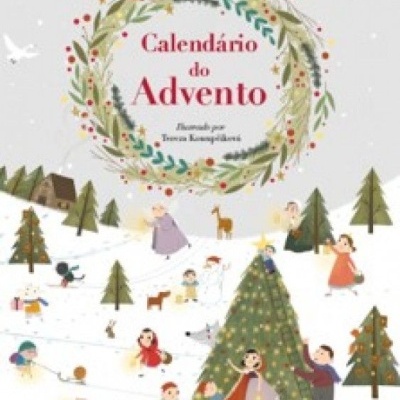 Capa do Calendário do Advento Pequenos Contos de Fadas com ilustrações de personagens e árvores em cenário de neve