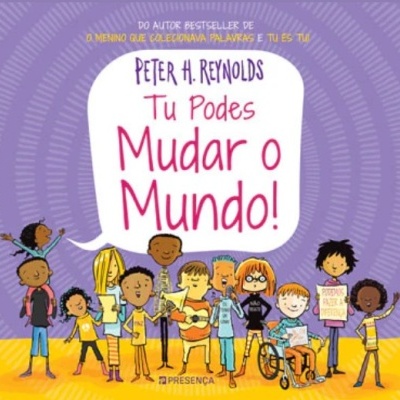 Capa de livro infantil com título 'Tu Podes Mudar o Mundo!' e várias crianças ilustradas.