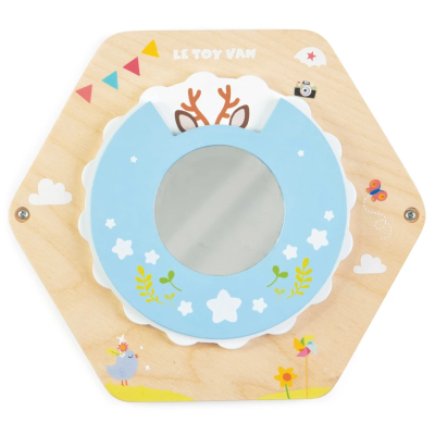Espelho infantil decorativo com moldura azul, estrelas e chifres de rena numa base hexagonal de madeira.