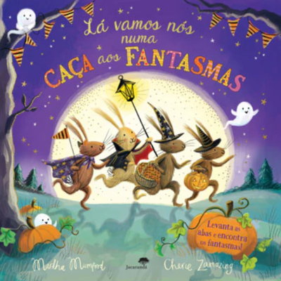 Capa de livro infantil com coelhos vestidos para Halloween e fantasmas.