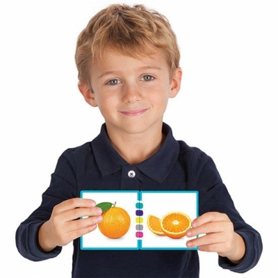 Criança segura cartão educativo com imagens de laranja