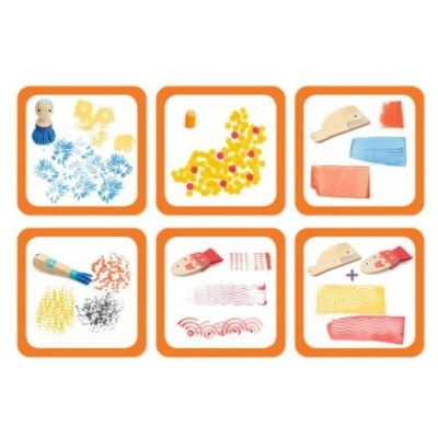 Conjunto de carimbos de madeira com padrões coloridos para criar estampas.