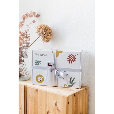 Dois cadernos decorados com folhas e leão, amarrados com fita cinzenta, sobre caixa de madeira, com vaso de flores secas ao lado