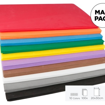 Papel colorido em pacotes empilhados com várias cores e texto MAXI PACK
