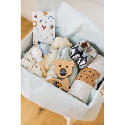 Conjunto de brinquedos e acessórios para bebé em caixa aberta