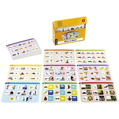 Cartas de jogo educacional com imagens e caixa amarela 