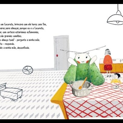 Ilustração de cozinha com mesa e figura animada cozinhando