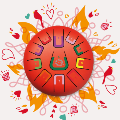 Tambor de língua vermelho com línguas coloridas e números, sobre fundo gráfico colorido.