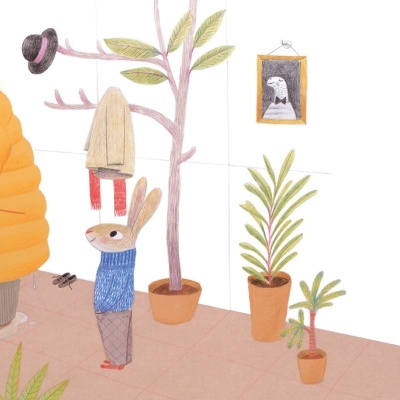 Ilustração de cervo e coelho em sala com plantas e decoração