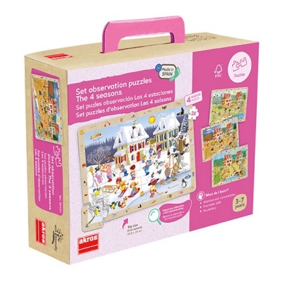 Caixa de quebra-cabeças 'The 4 seasons' com ilustrações das quatro estações, caixa rosa-bege com alça rosa.