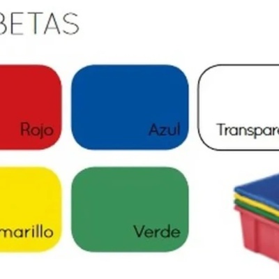 Cores de cubetas: vermelho, azul, transparente, amarelo e verde, com pilha de cubetas coloridas.