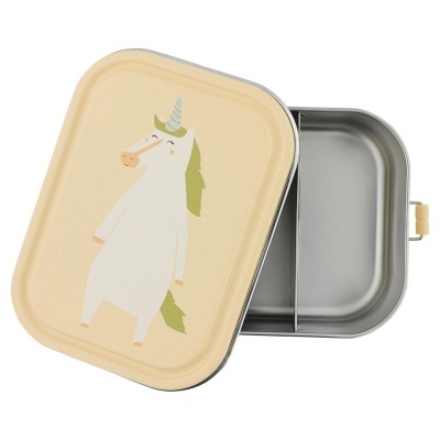 marmita retangular metálica com tampa bege e desenho de unicórnio branco