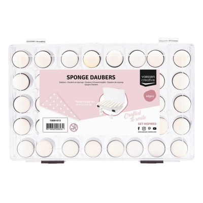 Conjunto de 40 aplicadores de esponja redondos em caixa transparente com etiqueta rosa e branca