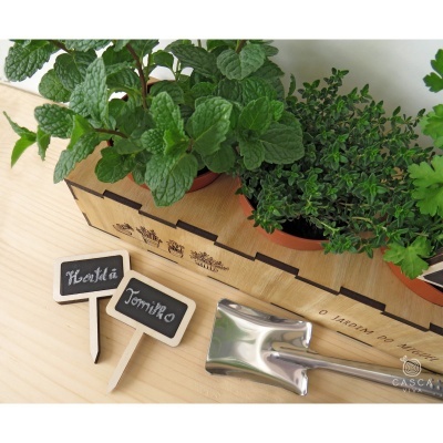Vasos de hortelã e tomilho em suporte de madeira com etiqueta e pá pequena