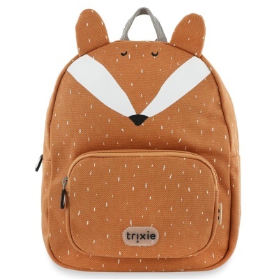 Mochila infantil castanha com padrão branco e design de raposa