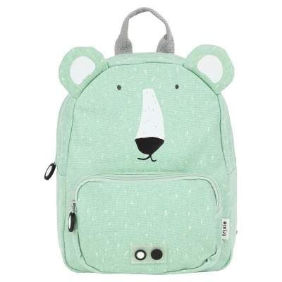 Mochila infantil verde claro em forma de urso com bolso frontal e orelhas