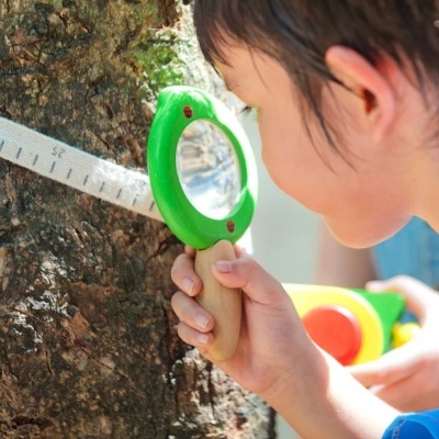 Criança a olhar para uma lupa verde com cabo de madeira junto a uma árvore