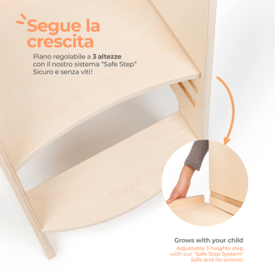 Estrutura de madeira clara com degrau ajustável e marca 'mobi'