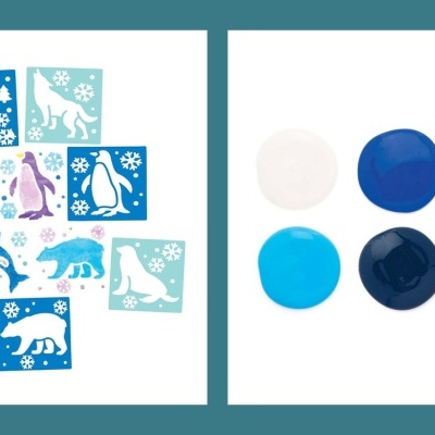 Moldes quadrados com desenhos de animais e círculos sólidos em tons de azul e branco