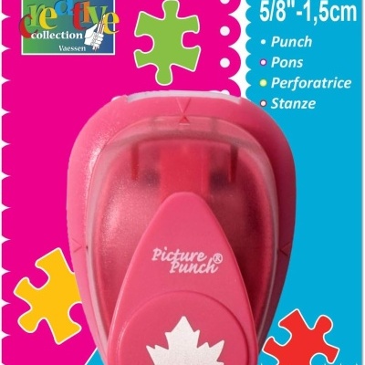 Furador de papel pequeno rosa com formato de folha na embalagem da coleção Creative