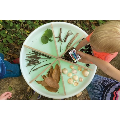Prato de plástico dividido com folhas, raminhos, pinhas e conchas ao ar livre com crianças