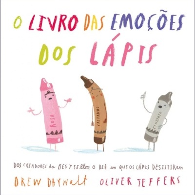 Capa de livro com título colorido e três lápis animados rosa, castanho e cinzento com expressões faciais