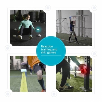 Colagem de imagens de treino com luzes LED coloridas para jogos de reação e habilidade