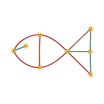 Estrutura colorida em forma de peixe feita com barras e conectores