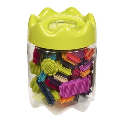 Frasco transparente com tampa verde e pinos coloridos de encaixe