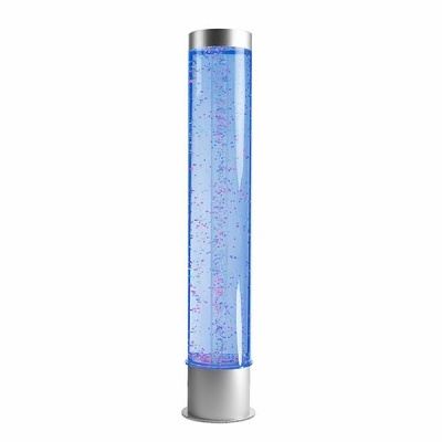 Coluna decorativa de bolhas azul com partículas rosa e base prateada