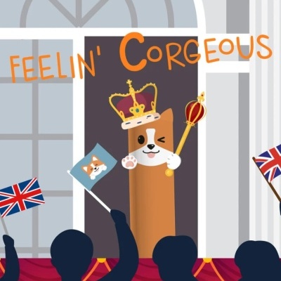 Desenho de cão com coroa e cetro numa cena com público e bandeiras do Reino Unido