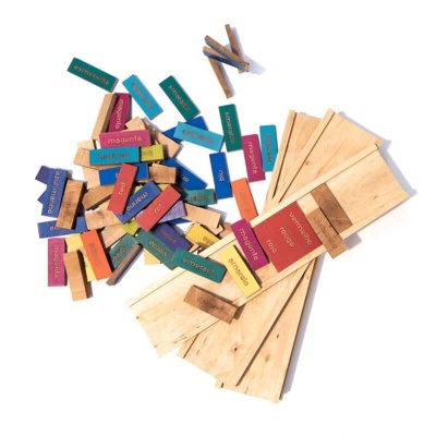 Peças e tábuas de madeira coloridas com etiquetas de nomes de espécies