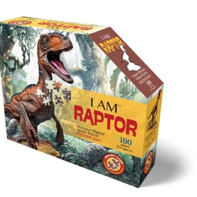 Caixa de puzzle I AM RAPTOR com imagem de dinossauro Velociraptor numa floresta