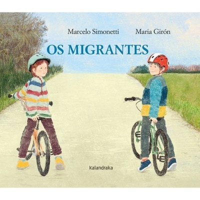 Capa de livro com duas crianças em bicicletas e título OS MIGRANTES