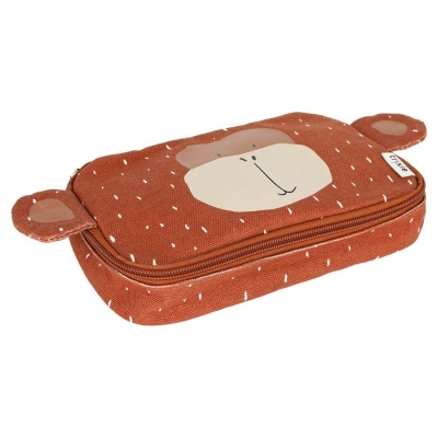 Estojo castanho com estampa de macaco e fecho de zíper