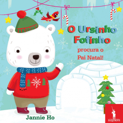 Ilustração de urso de Natal com iglu e árvore de Natal numa capa de livro