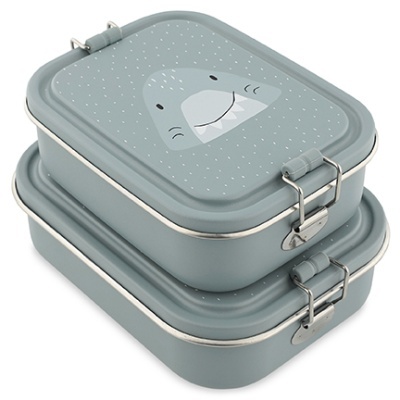 Duas caixas de almoço retangulares cinza azulado com fechos metálicos e desenho de rosto de animal na tampa