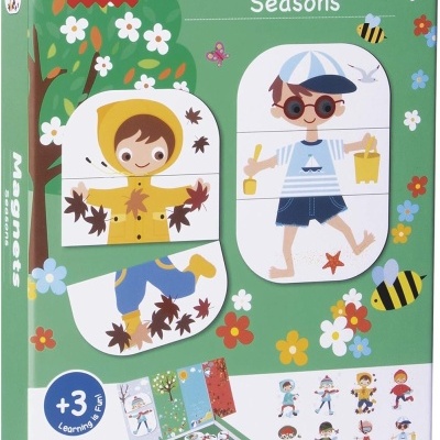 Caixa verde com brinquedo magnético APLI kids Magnets Seasons para crianças com 24 peças e ilustrações de crianças e elementos da natureza