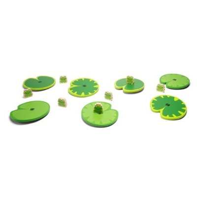 Bases de nenúfar verdes com pequenos sapos em cima, sobre fundo branco