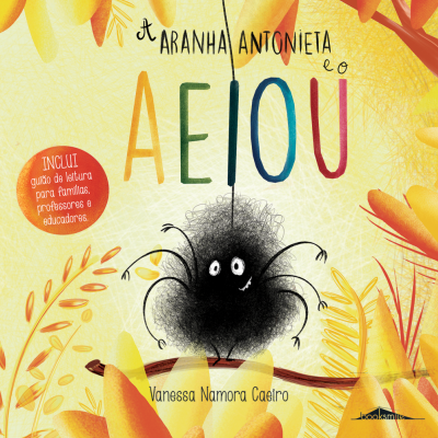 Capa de livro infantil com aranha preta e texto colorido AEIOU