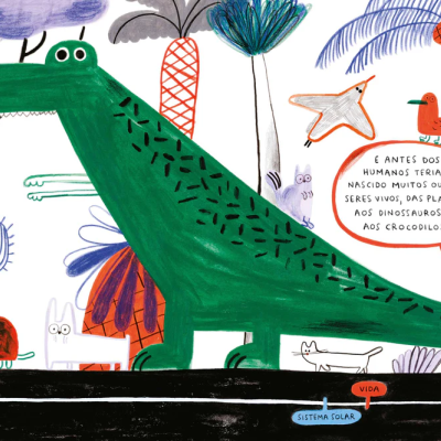 Ilustração de crocodilo verde com árvores e animais ao redor, balão de fala em português