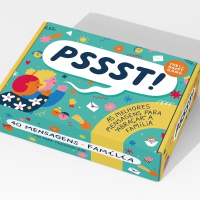 Caixa colorida 'PSSST!' com ilustrações e textos sobre família