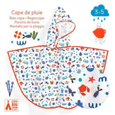 Capa de chuva infantil estampada com desenhos marinhos coloridos e borda laranja