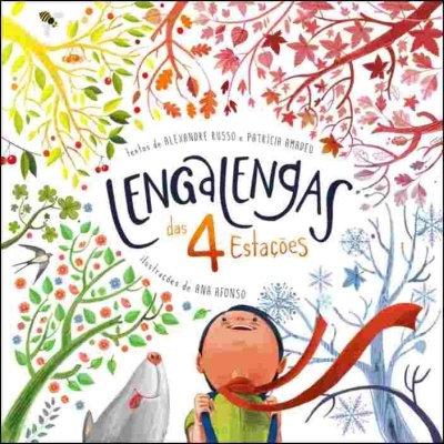 Capa do livro 'Lengalengas das 4 Estações' com ilustrações de árvores, criança e cão.