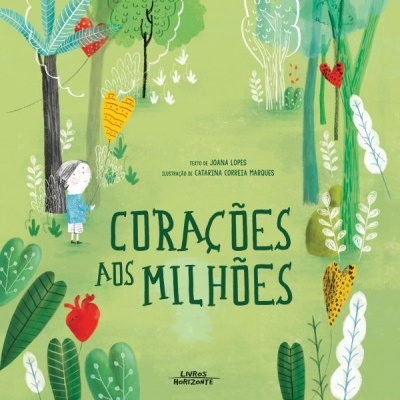 Capa de livro com ilustração de árvores, corações e texto em verde