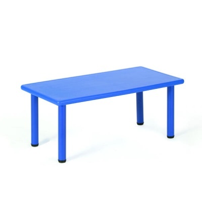 Mesa rectangular azul com tampo e pés cilíndricos em azul
