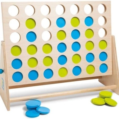 Jogo de estratégia em madeira com peças azuis e verdes